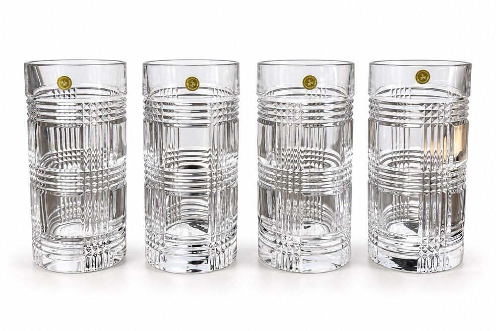 Ralph Lauren Glen Plaid Lead Crystal Highball Glasses Set of 4 Original Labels